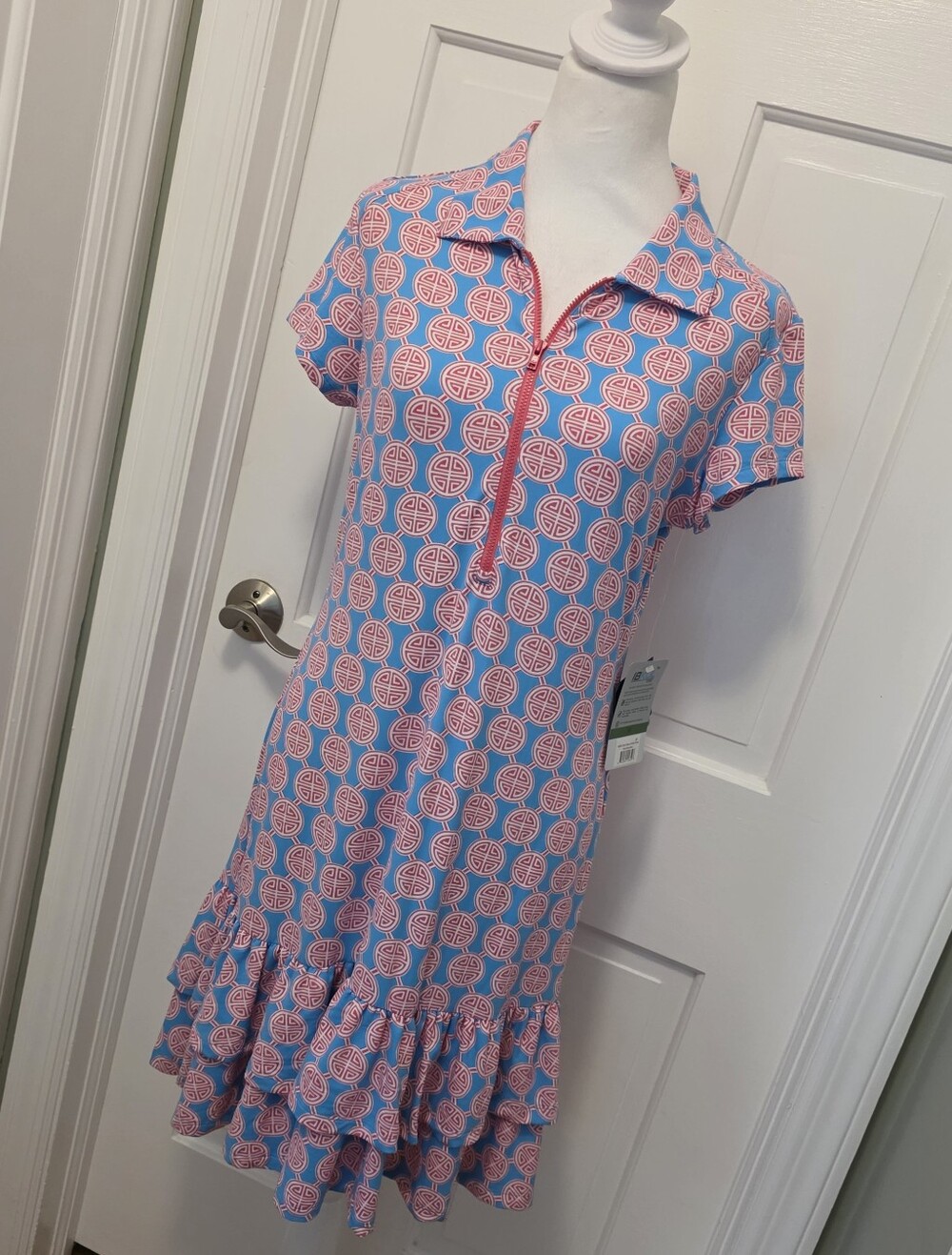 NWT IBKUL Aida Pink & Blue Printed Polo Ruffle Hem Dress Size Medium